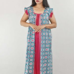 BDROX Sea Green Maxi Nighty Square Neck Short Sleeves with Pleats