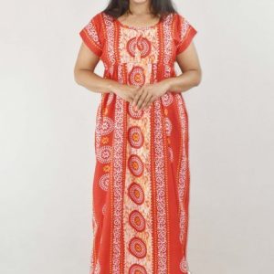 Red Cotton Maxi Nighty Square Neck Short Sleeves with Pleats