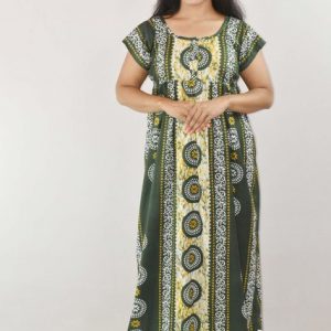 Green Cotton Maxi Nighty Square Neck Short Sleeves with Pleats