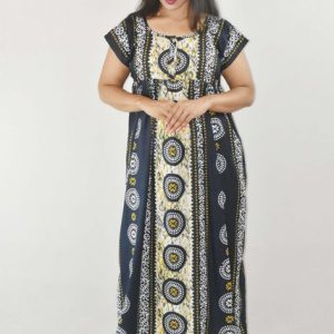 Black Cotton Maxi Nighty Square Neck Short Sleeves with Pipien