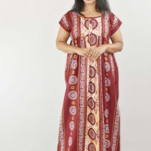 Maroon Cotton Maxi Nighty Square Neck Short Sleeves with Pleats