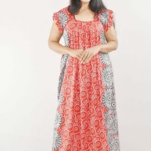 BDROX Red Maxi Nighty Square Neck Short Sleeves with Pleats
