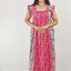 Pink Cotton Maxi Nighty Square Neck Short Sleeves with Pleats