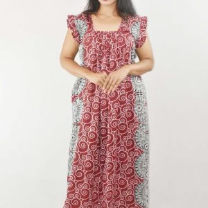 Maroon Cotton Maxi Nighty Square Neck Short Sleeves with Pleats
