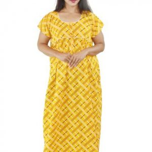 BDROX pure Cotton Yellow Maxi Nighty Round Neck Front Button & Short sleeves
