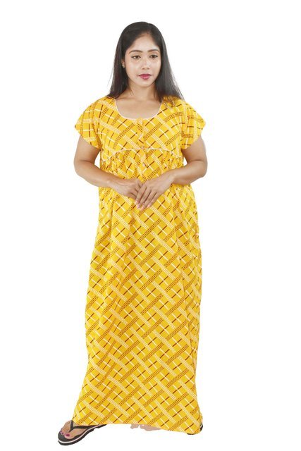 BDROX pure Cotton Yellow Maxi Nighty Round Neck Front Button & Short sleeves