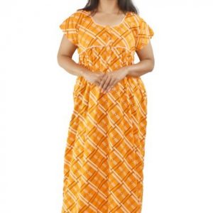 BDROX pure Cotton Orange Maxi Nighty Round Neck Front Button & Short sleeves