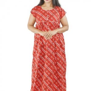 BDROX pure Cotton Red Maxi Nighty Round Neck Front Button & Short sleeves