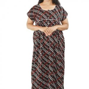 BDROX pure Cotton Black Maxi Nighty Round Neck Front Button & Short sleeves