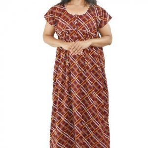 BDROX pure Cotton Maroon Maxi Nighty Round Neck Front Button & Short sleeves