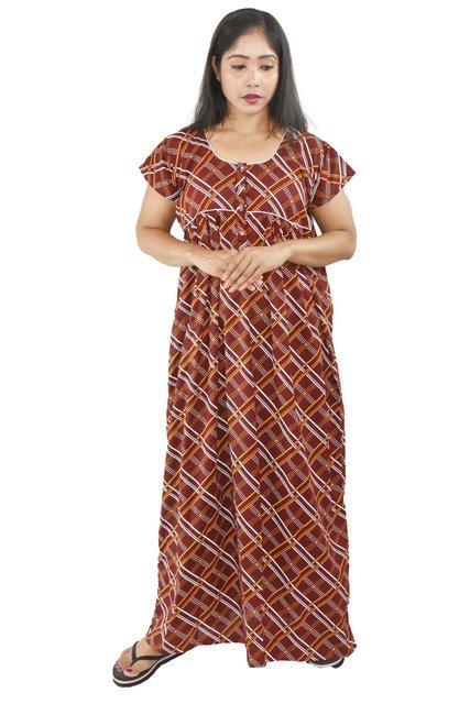 BDROX pure Cotton Maroon Maxi Nighty Round Neck Front Button & Short sleeves