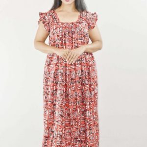 BDROX Red Maxi Nighty Square Neck Short Sleeves with Pleats
