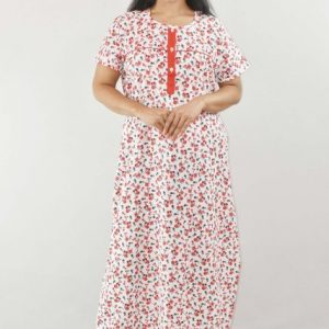 BDROX Red Cotton Maxi Nighty Round Neck Short Sleeves With Button