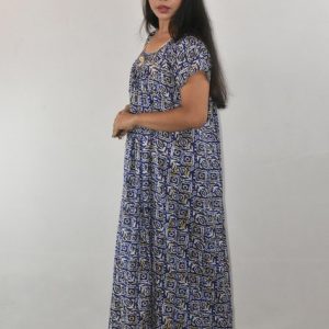 BDROX Blue Cotton Maxi Nighty Square Neck Short Sleeves with Pipien