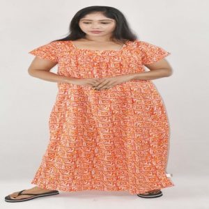 BDROX Orange Cotton Maxi Nighty Square Neck Short Sleeves with Pipien