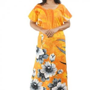 BDROX Yellow Cotton Maxi Nighty Round Neck & Short Sleeve