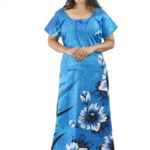 BDROX Blue Cotton Maxi Nighty Round Neck & Short Sleeve