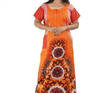 BDROX Orange Cotton Maxi Nighty Round Neck & Short Sleeve