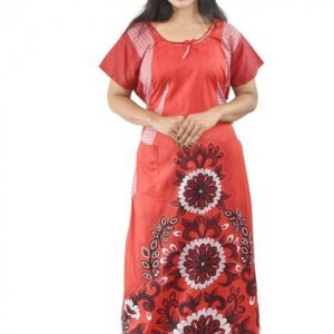 BDROX Red Cotton Maxi Nighty Round Neck & Short Sleeve