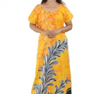 BDROX Yellow Cotton Maxi Nighty Round Neck & Short Sleeve