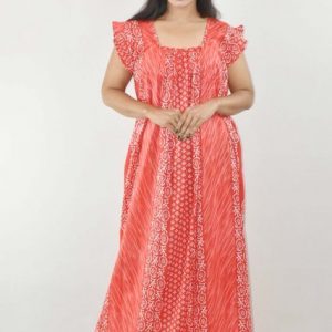 BDROX Red Maxi Nighty Square Neck Short Sleeves with Pleats