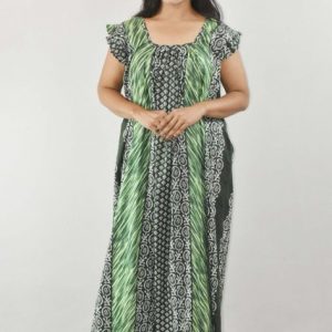 Green Maxi Nighty Square Neck Short Sleeves with Pleats