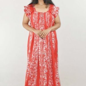 BDROX Red Maxi Nighty Square Neck Short Sleeves with Pleats