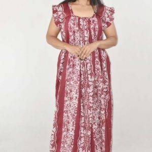 Maroon Maxi Nighty Square Neck Short Sleeves with Pleats