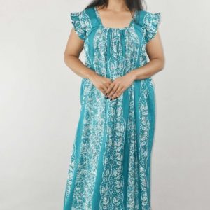 Blue Maxi Nighty Square Neck Short Sleeves with Pleats