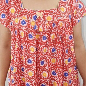 BDROX Red Cotton Maxi Nighty Square Neck Short Sleeves with Pipien