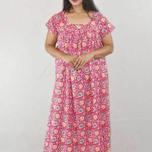 Pink Maxi Nighty Square Neck Short Sleeves with Chord