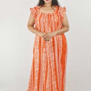 BDROX Orange Maxi Nighty Square Neck Short Sleeves with Pleats