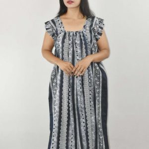 Navy Blue Maxi Nighty Square Neck Short Sleeves with Pleats