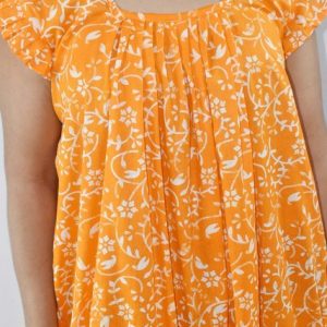 Yellow Maxi Nighty Square Neck Short Sleeves with Pleats