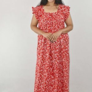 Red Maxi Nighty Square Neck Short Sleeves with Pleats