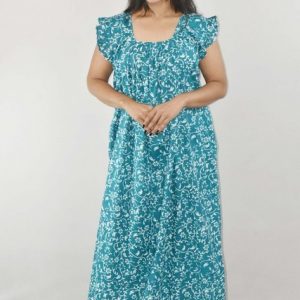 Green Maxi Nighty Square Neck Short Sleeves with Pleats