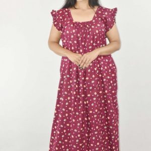 BDROX Maroon Maxi Nighty Square Neck Short Sleeves with Pleats