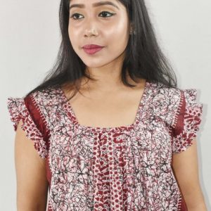 BDROX Maroon Maxi Nighty Square Neck Short Sleeves with Pleats