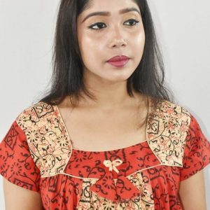 BDROX Red Cotton Maxi Nighty Square Neck Short Sleeves with Pipien