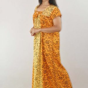 BDROX Yellow Cotton Maxi Nighty Square Neck Short Sleeves with Pipien
