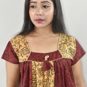 BDROX Maroon Cotton Maxi Nighty Square Neck Short Sleeves with Pipien