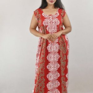 BDROX Red Cotton Maxi Nighty Round Neck & Sleeveless With Button