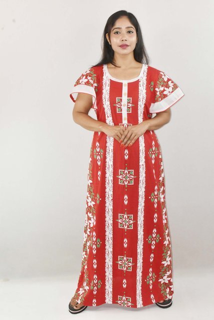 BDROX Red Cotton Maxi Nighty Round Neck Butterfly Sleeves