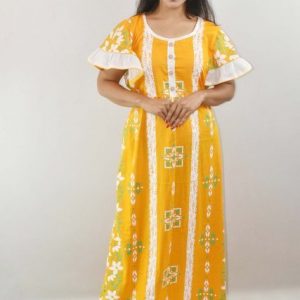 BDROX Yellow Cotton Maxi Nighty Round Neck Butterfly Sleeves