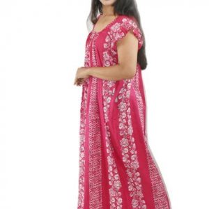 Pink Maxi Nighty Square Neck Short Sleeves with Pleats