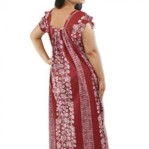 Maroon Maxi Nighty Square Neck Short Sleeves with Pleats