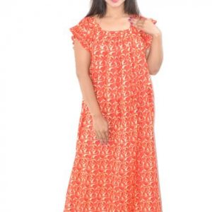BDROX Pure Cotton Red Maxi Nighty Square Neck Short Sleeves with Pleats