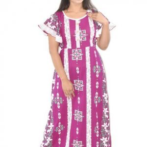 BDROX Purple Cotton Maxi Nighty Round Neck Butterfly Sleeves