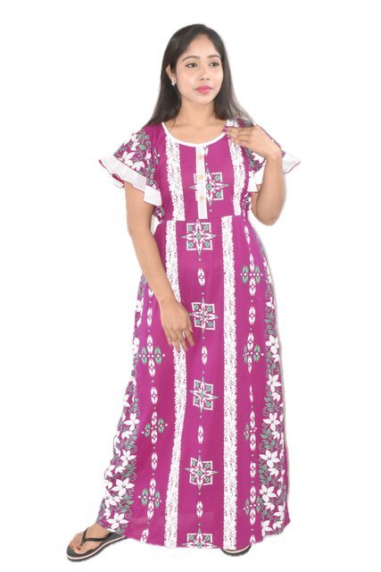 BDROX Purple Cotton Maxi Nighty Round Neck Butterfly Sleeves
