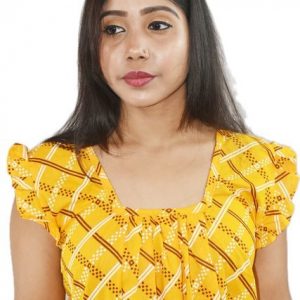 BDROX Pure Cotton Yellow Maxi Nighty Square Neck Short Sleeves with Pleats